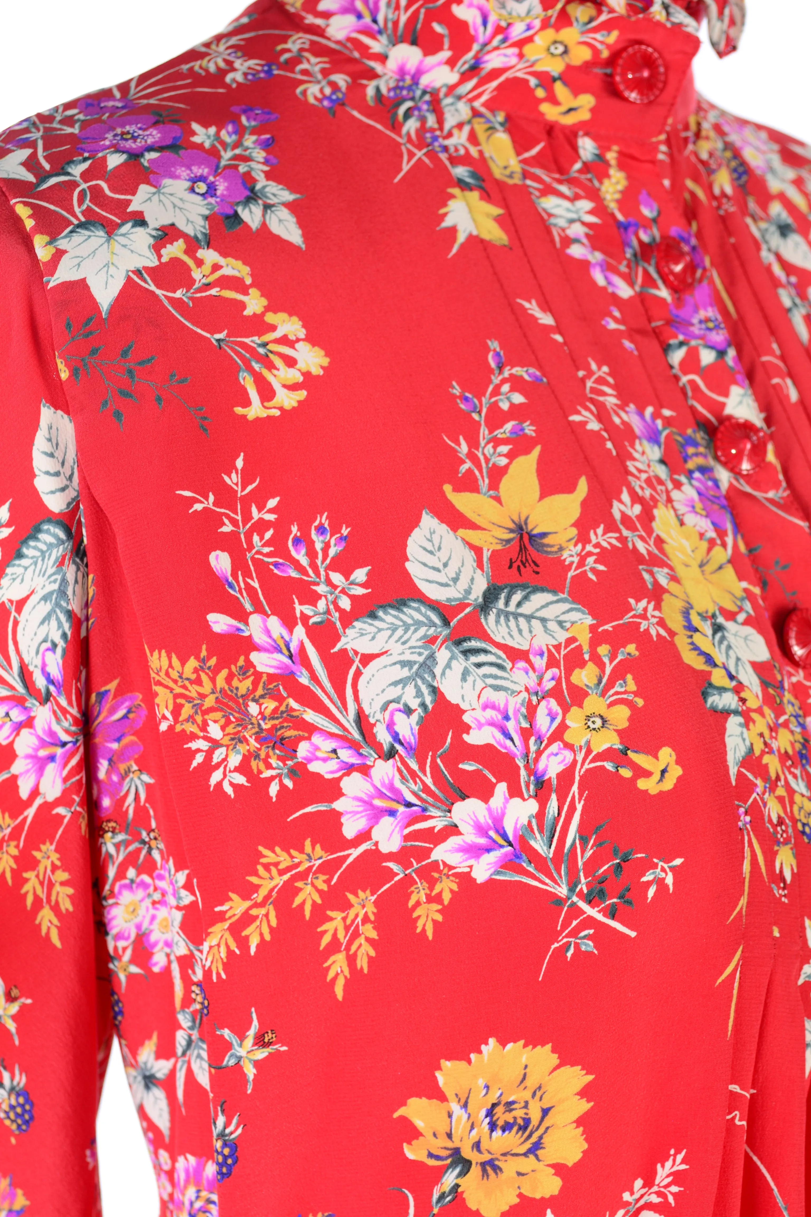 Emanuel Ungaro Parallele Vintage Red Floral High Neck Dress w Dramatic Shoulders
