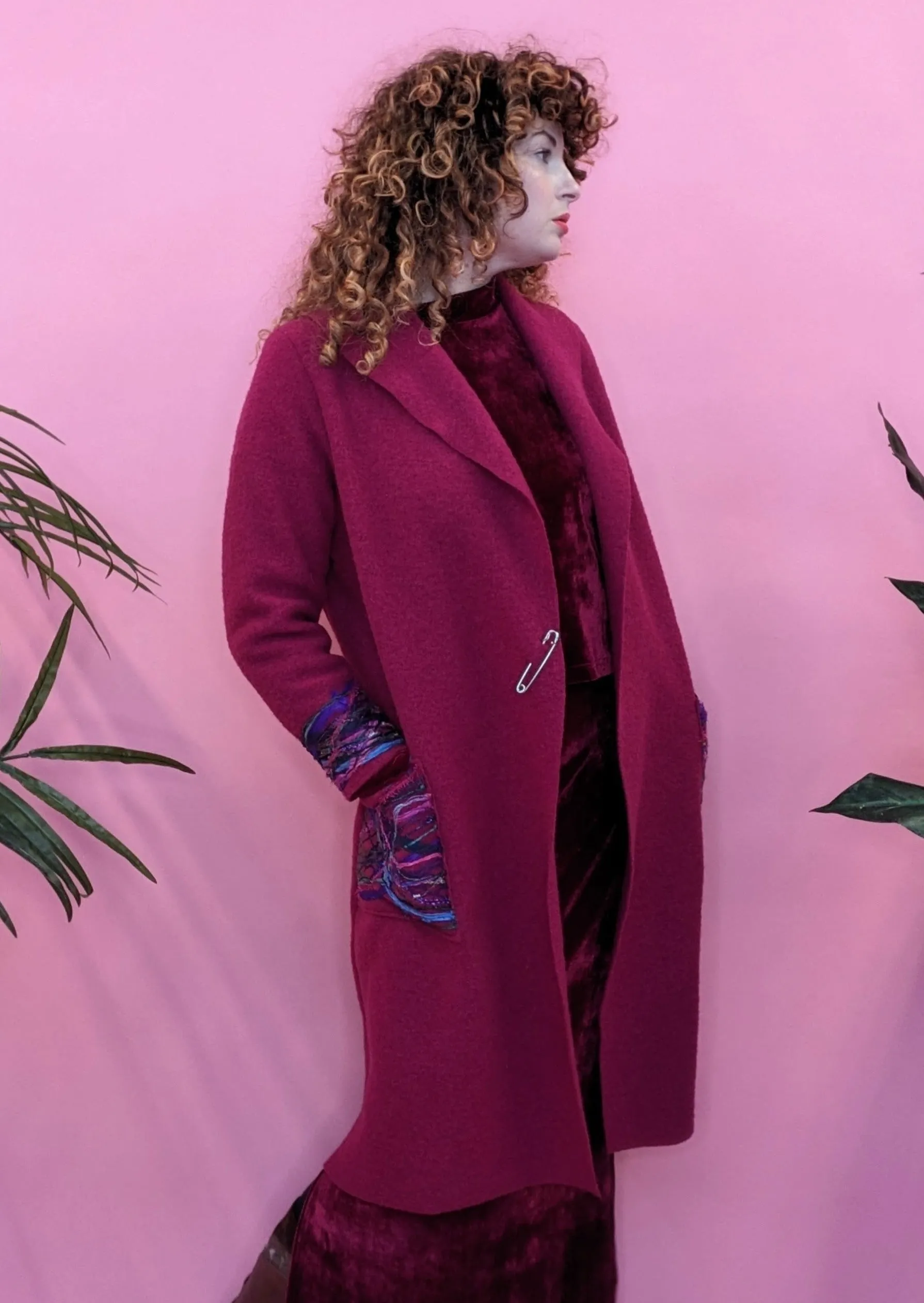 Embellished Long Wool Coat in Cherry