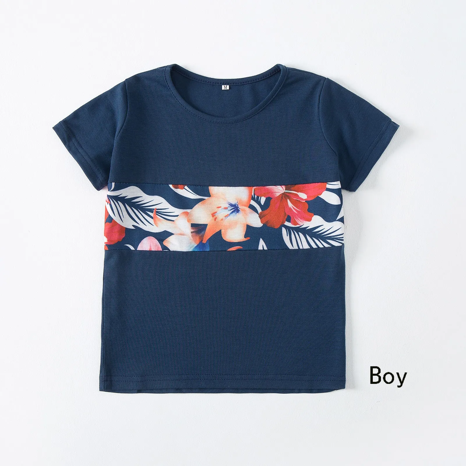 Family Matching Floral Print Splicing Dark Blue Dresses and T-shirts Sets