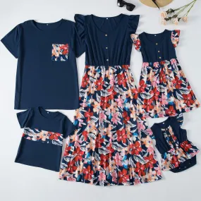 Family Matching Floral Print Splicing Dark Blue Dresses and T-shirts Sets
