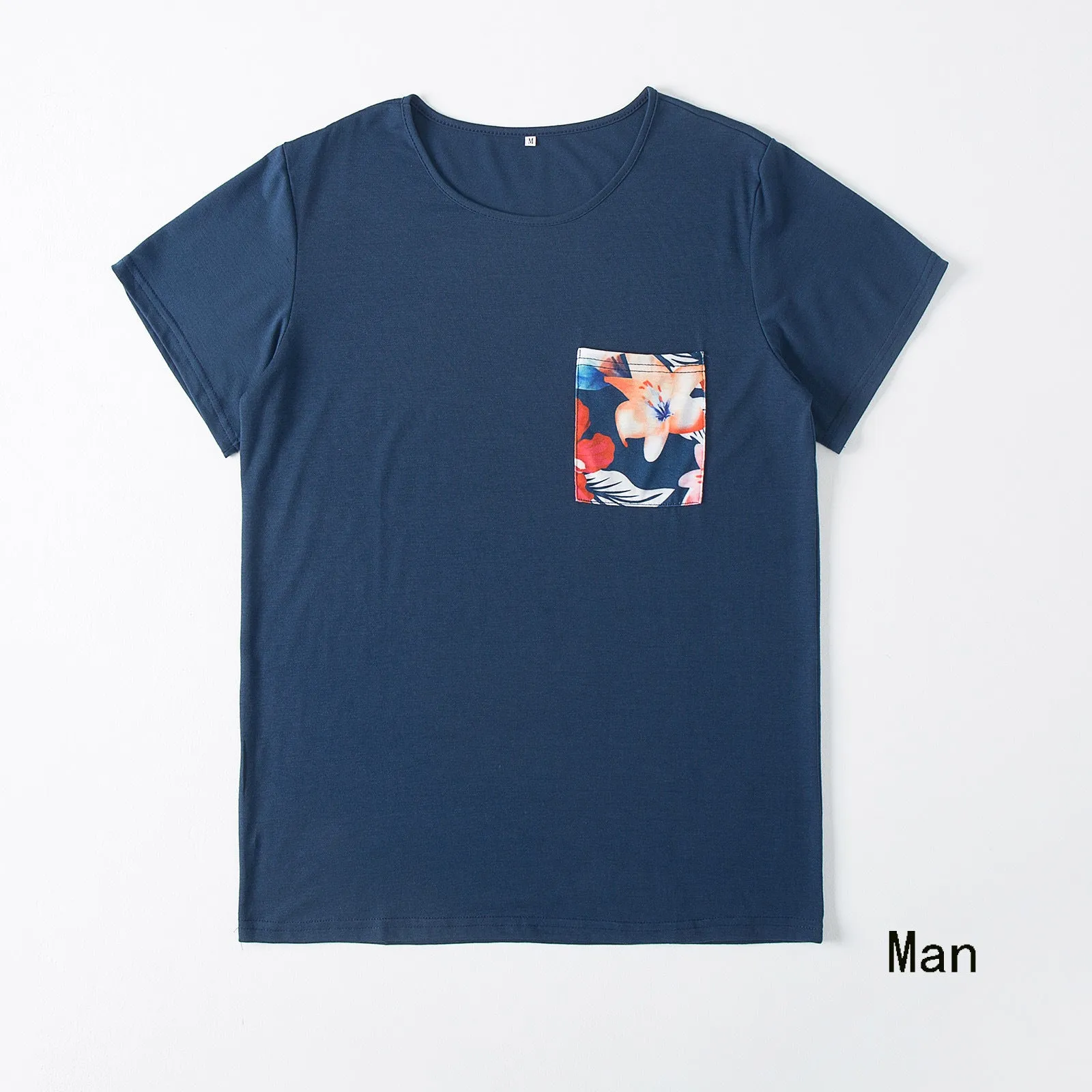 Family Matching Floral Print Splicing Dark Blue Dresses and T-shirts Sets