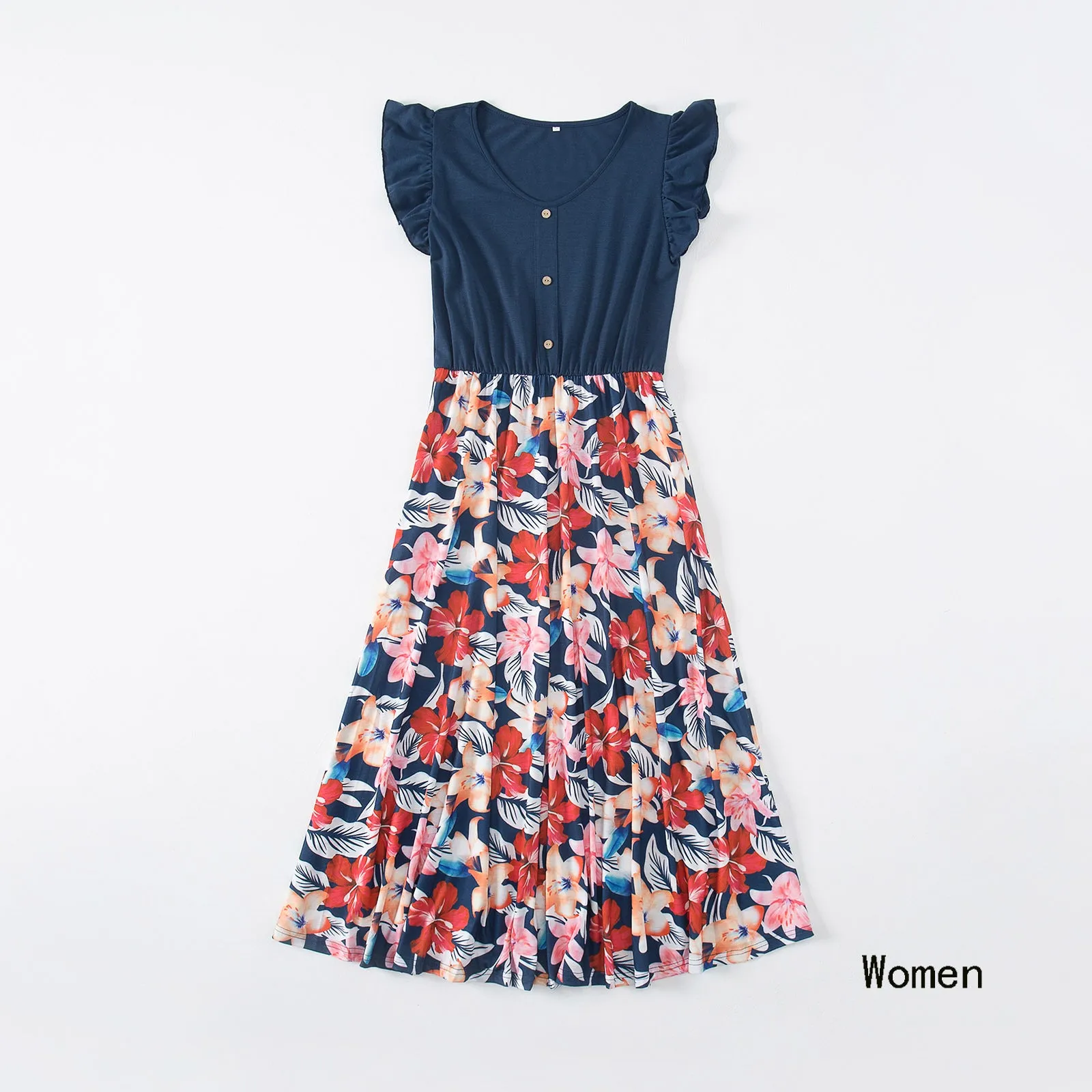 Family Matching Floral Print Splicing Dark Blue Dresses and T-shirts Sets