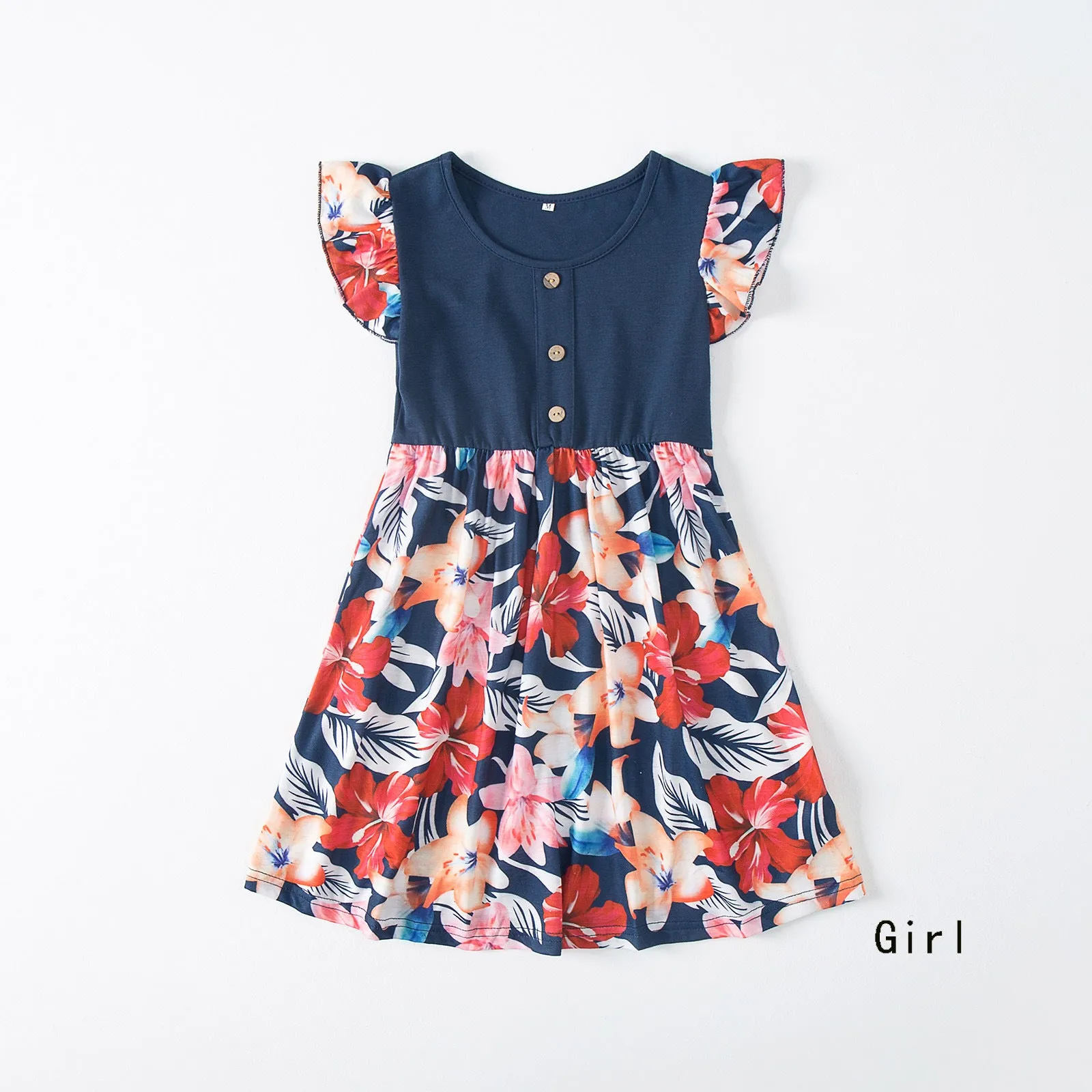 Family Matching Floral Print Splicing Dark Blue Dresses and T-shirts Sets