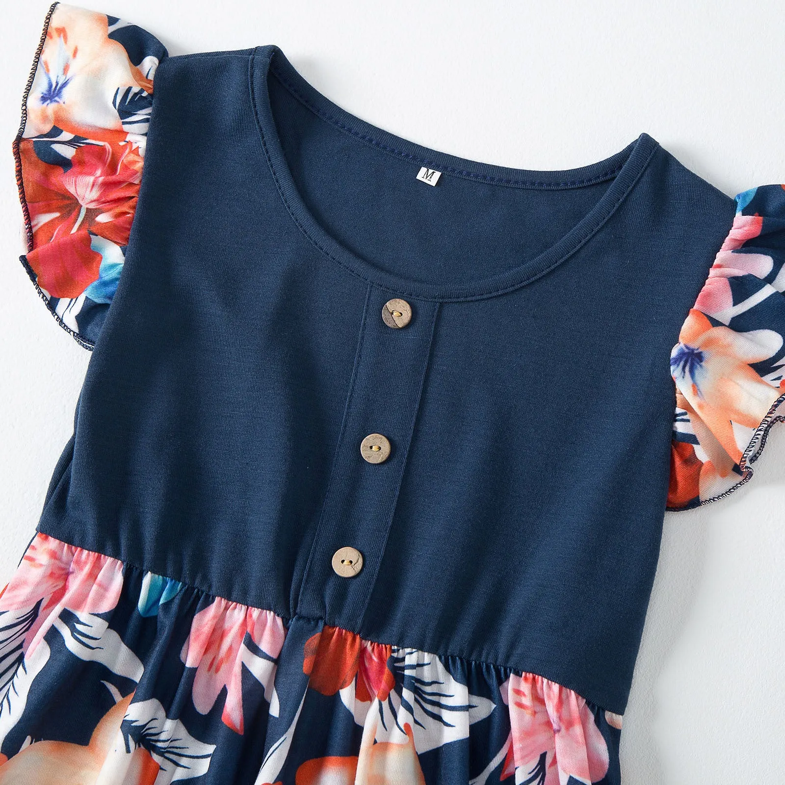 Family Matching Floral Print Splicing Dark Blue Dresses and T-shirts Sets