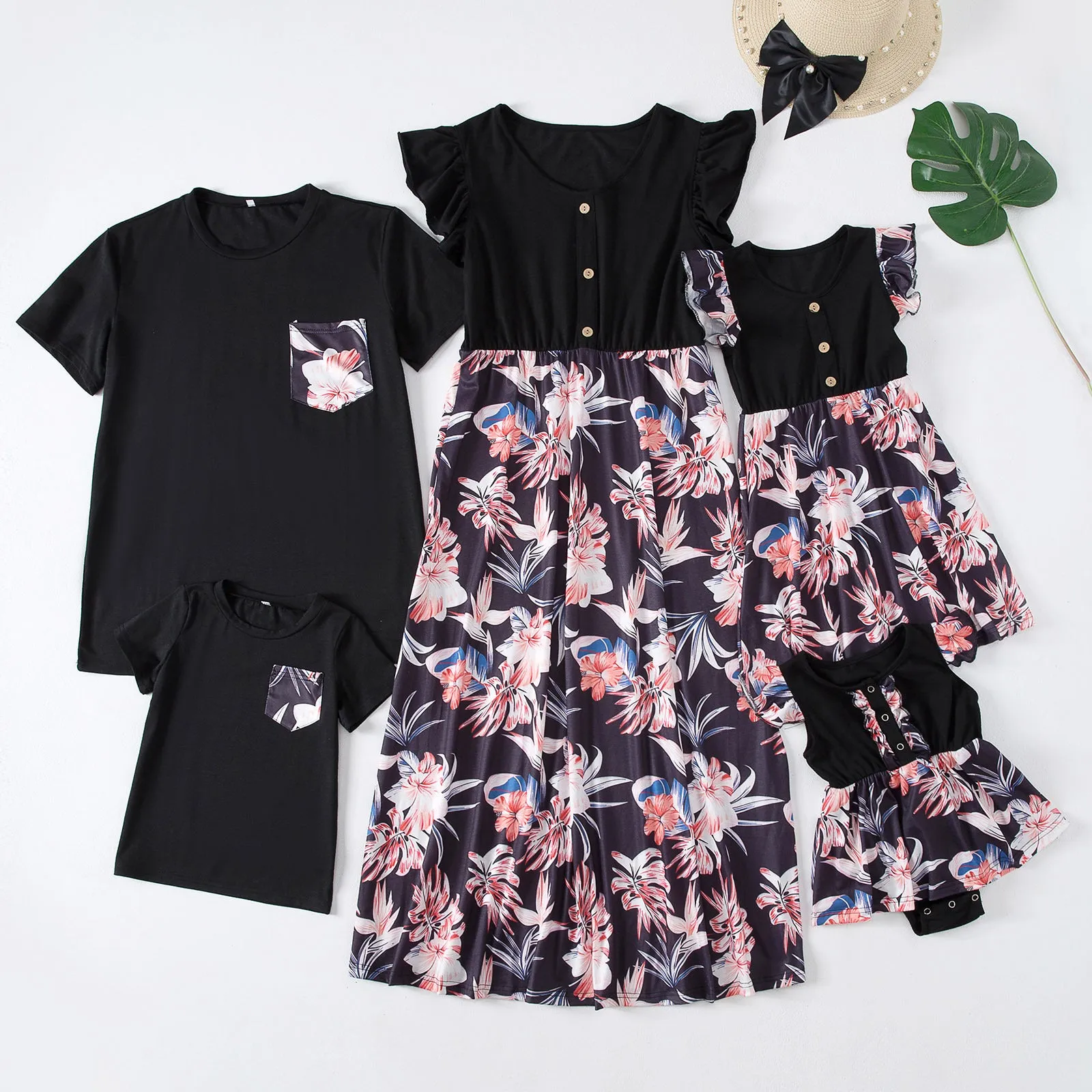 Family Matching Floral Print Splicing Dresses and Short-sleeve T-shirts Sets