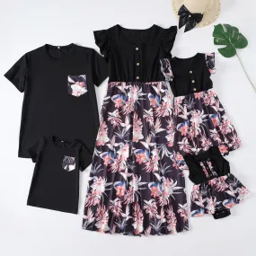 Family Matching Floral Print Splicing Dresses and Short-sleeve T-shirts Sets