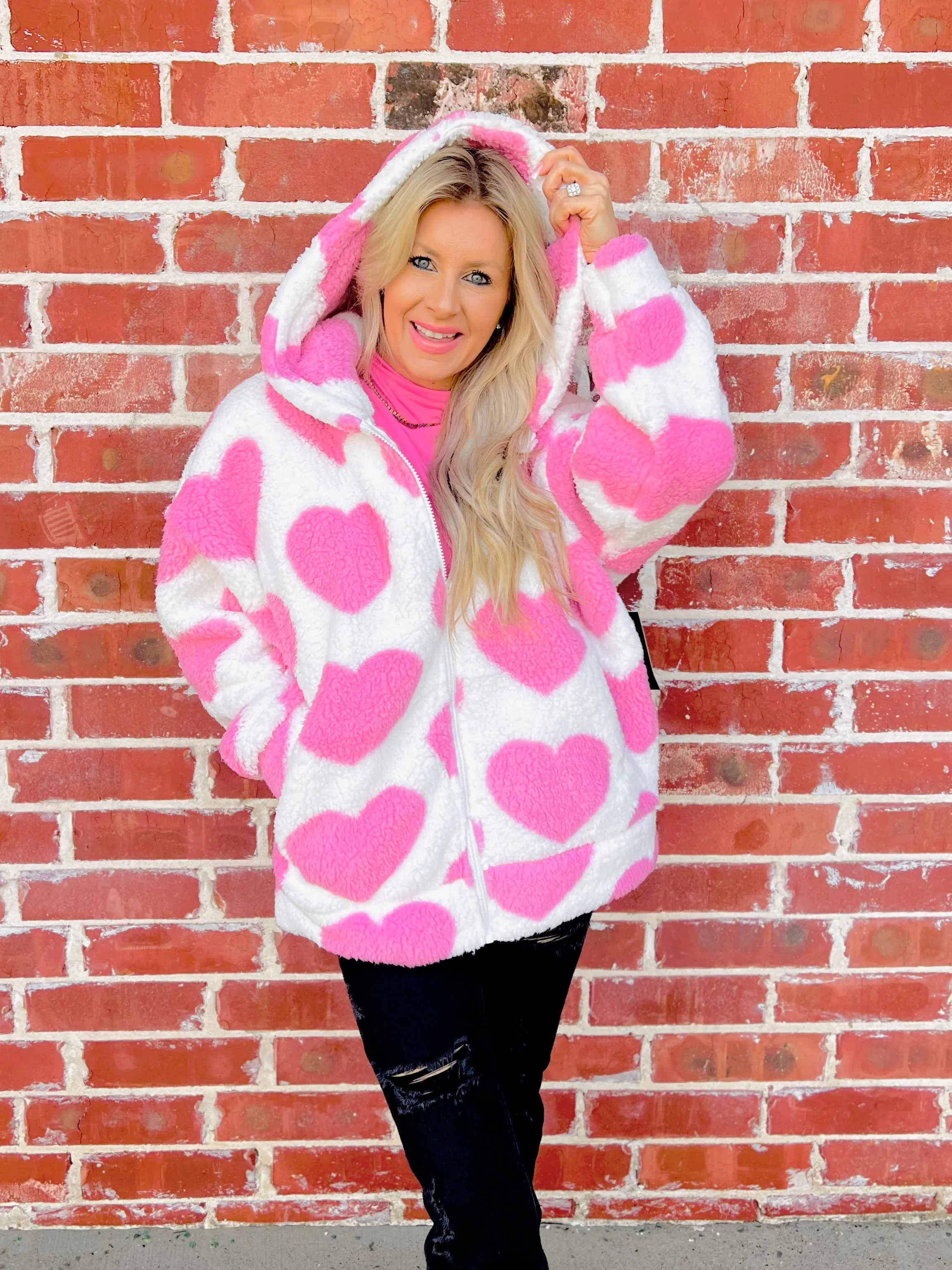 Flirtatious Hearts Sherpa Zip Up Jacket - Pink & Ivory!