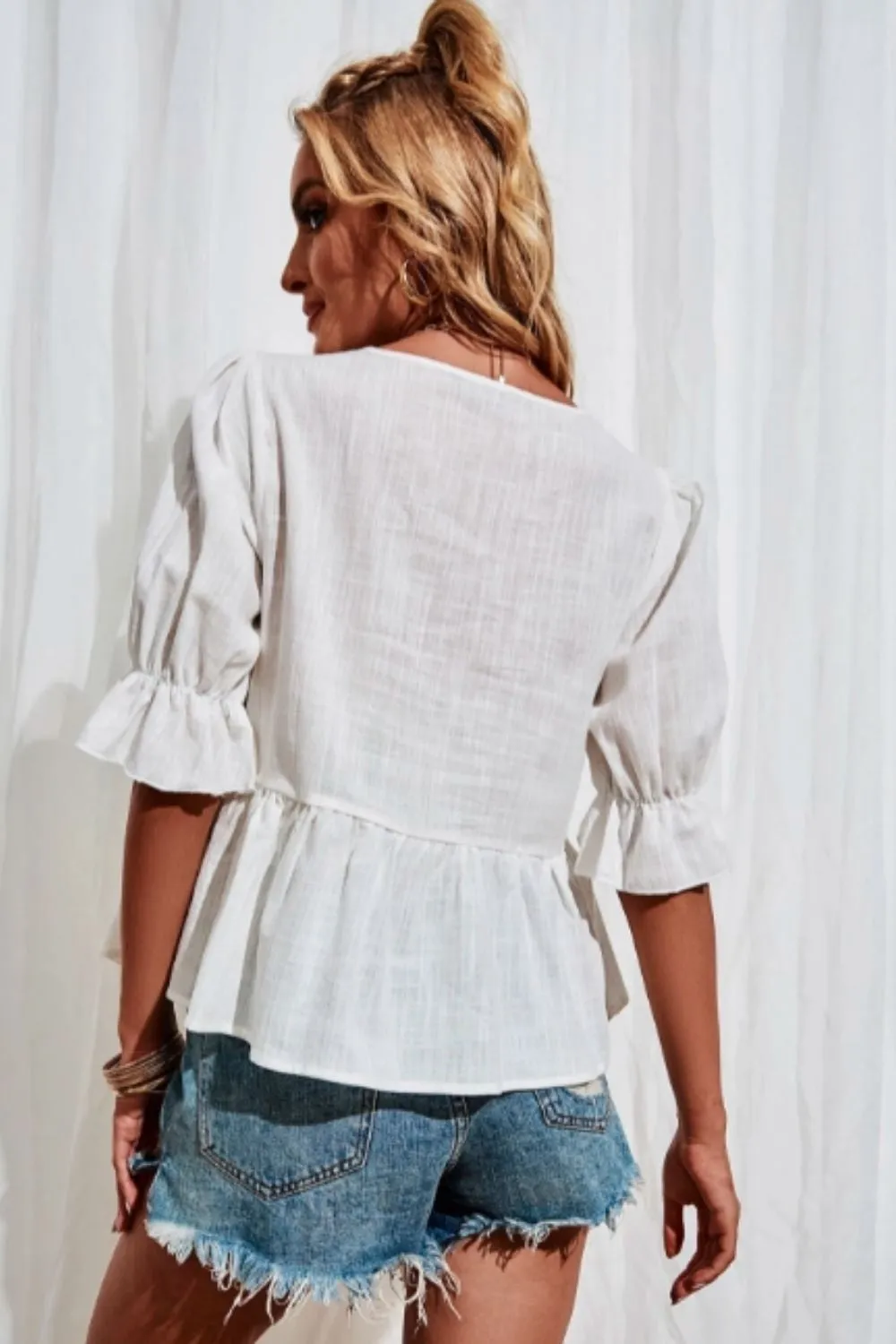 Flounce Sleeve Notched Babydoll Blouse
