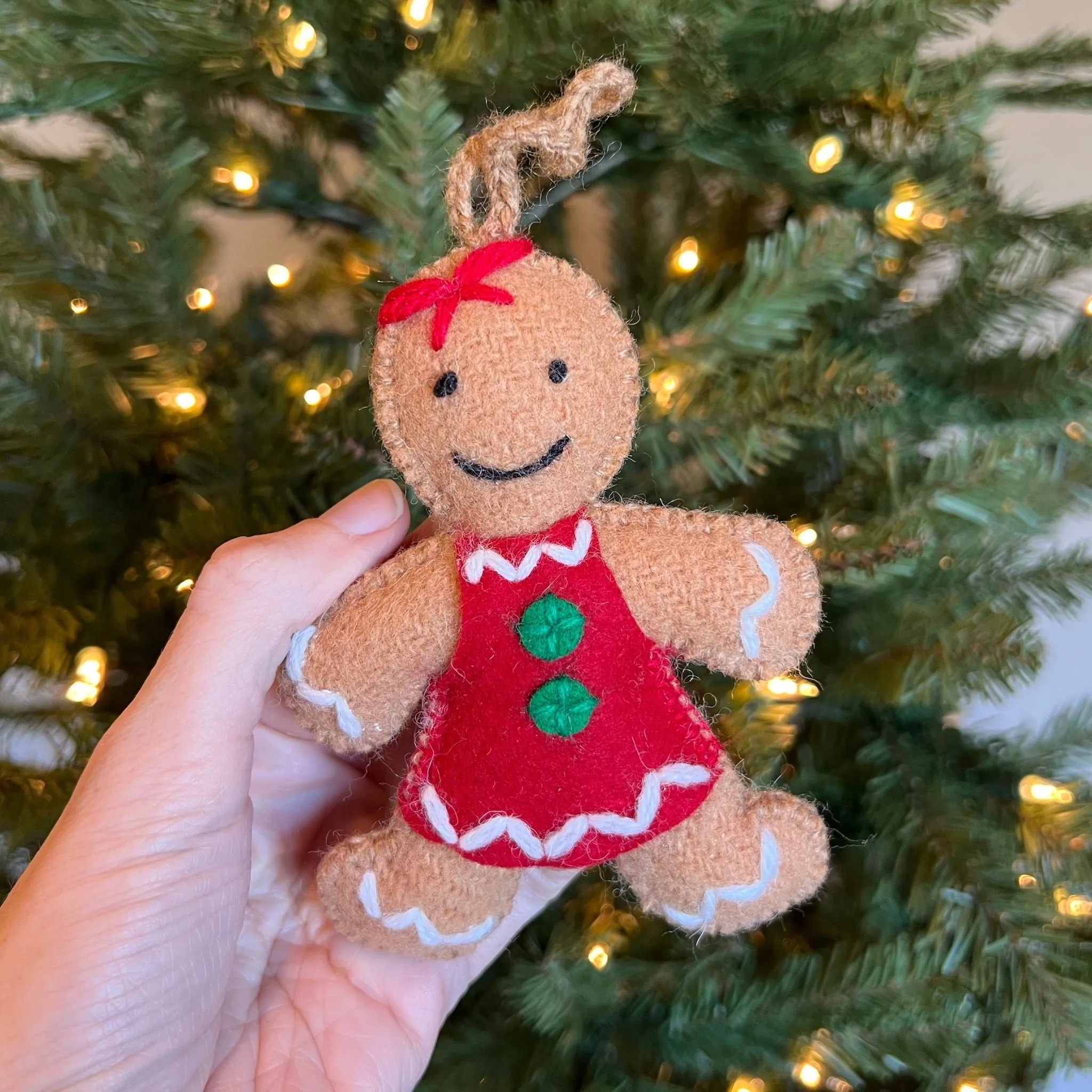 Gingerbread Woman Ornament, Embroidered Wool