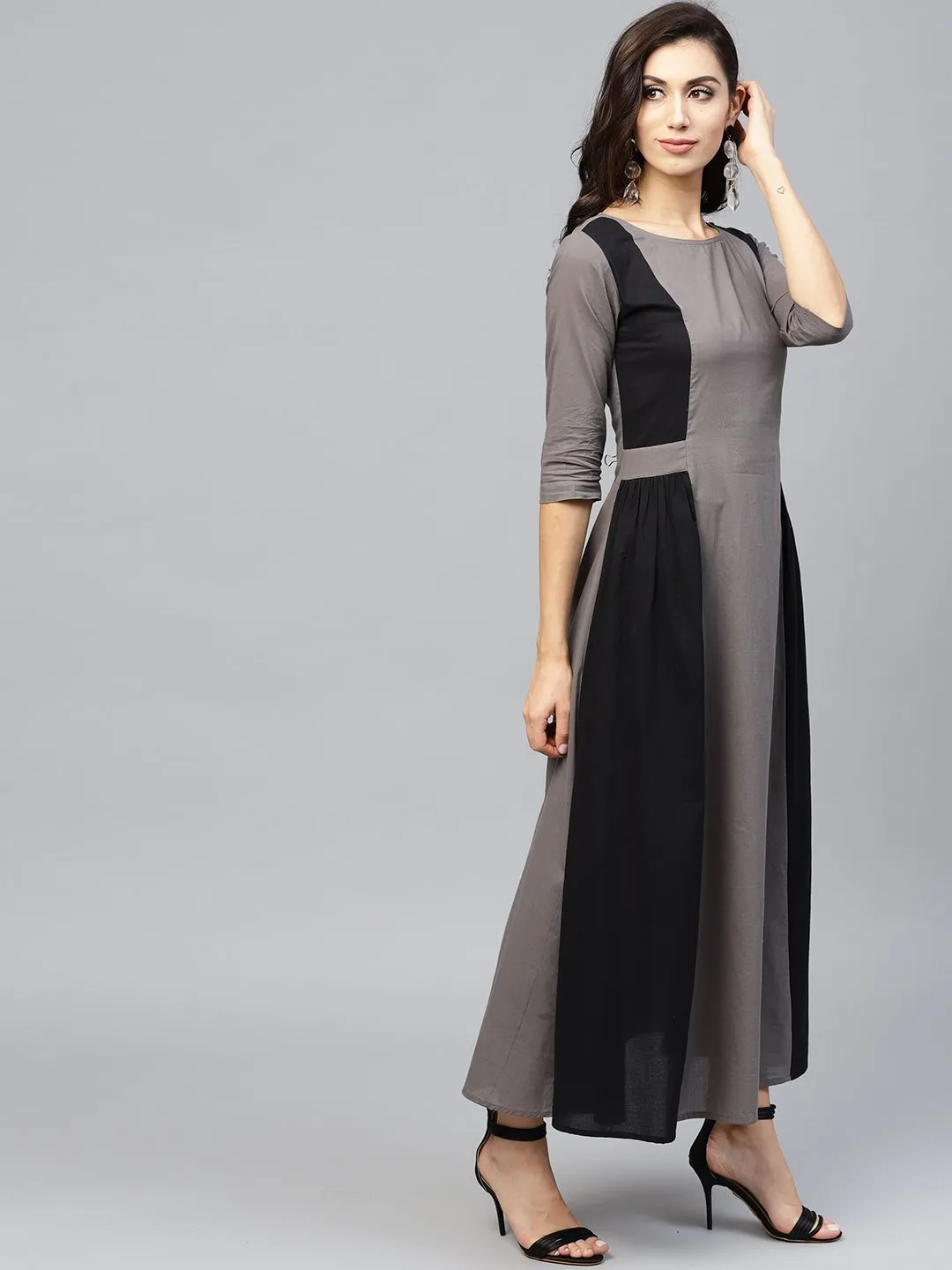 Grey And Color Blocking Dress With Round Neck And 3/4 Sleeves