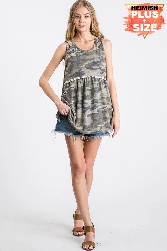 HEM171 -CURVY CRISSCROSS CAMO STRAP TOP