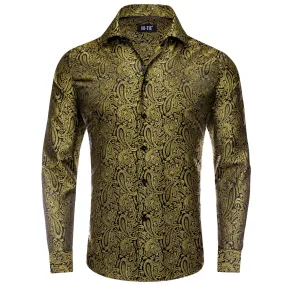 Hi-Tie Gold Black Shirt Jacquard Paisley Top Men's Long Sleeve Shirt