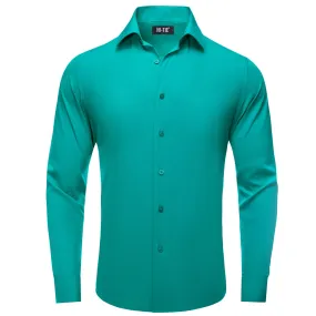 Hi-Tie Long Sleeve Shirt DarkCyan Teal Blue Solid Casual Men's Dress Shirt Top Wear