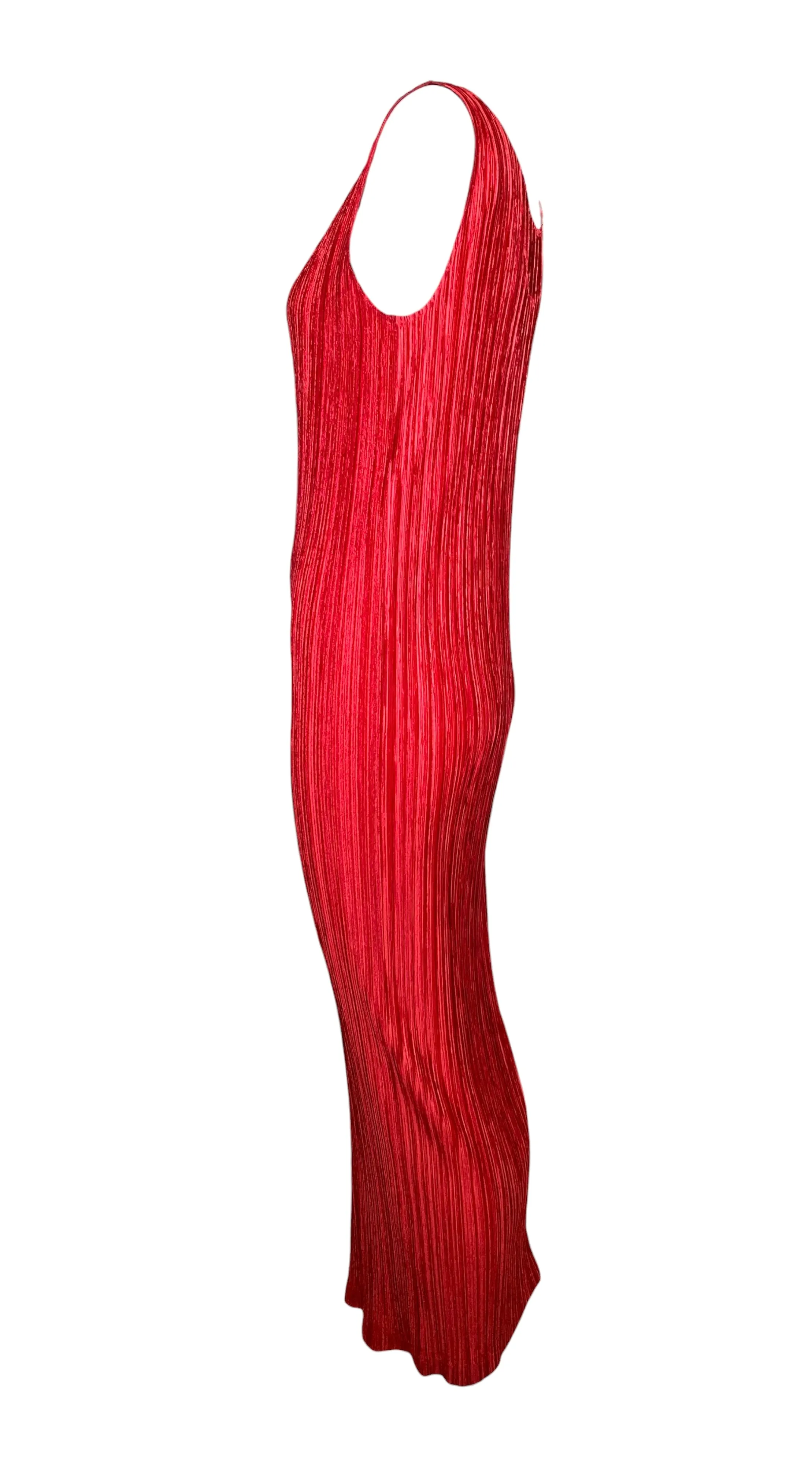 Issey Miyake 2000's Plissé Cherry Red Scoop Neck Dress