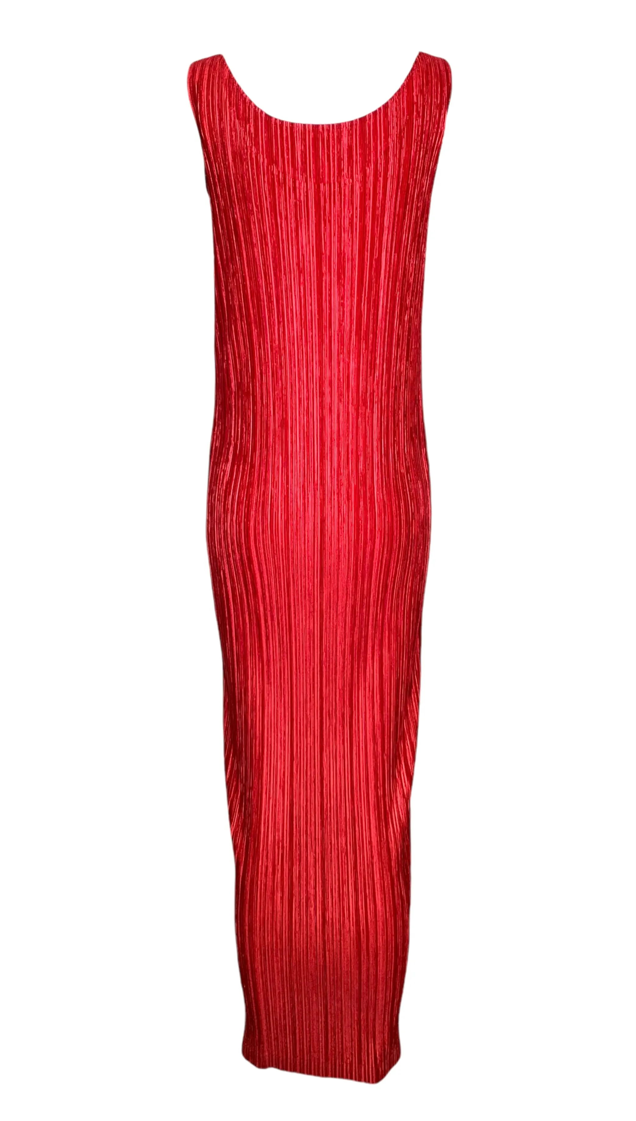 Issey Miyake 2000's Plissé Cherry Red Scoop Neck Dress
