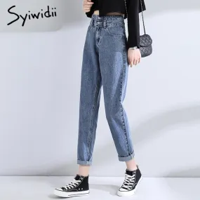 Joskaa High Waist Jeans Woman Fashion Street Style Elastic Waist Denim Pants Cotton Loose Coated Vintage Washed Boyfriend Jeans 2024