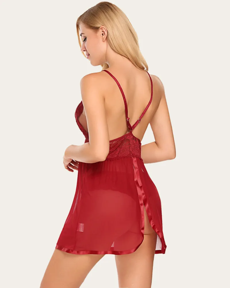 Lace Babydolls Strap V Neck Mesh Nightgown