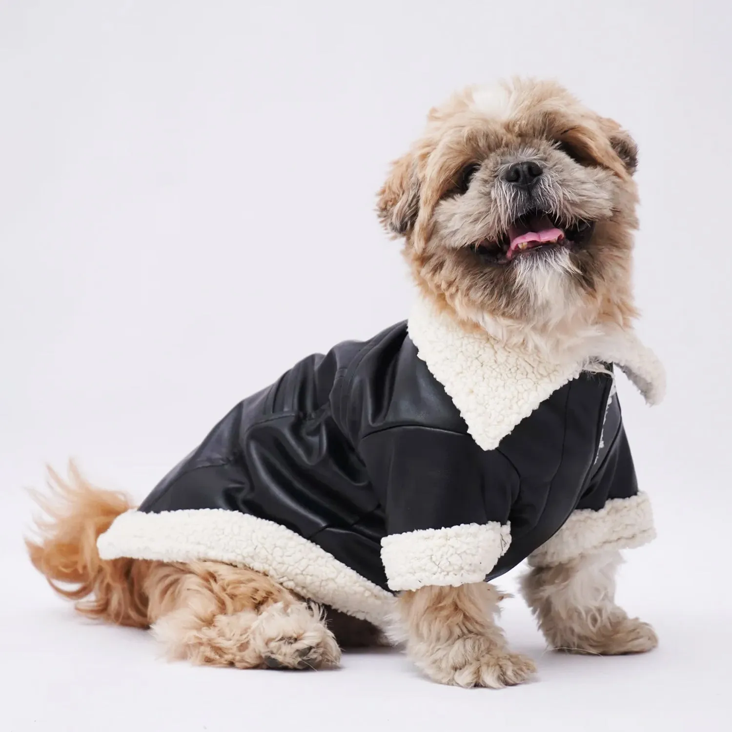 Leather Dog Jacket with Fur-Lined Collar and Velcro Closure