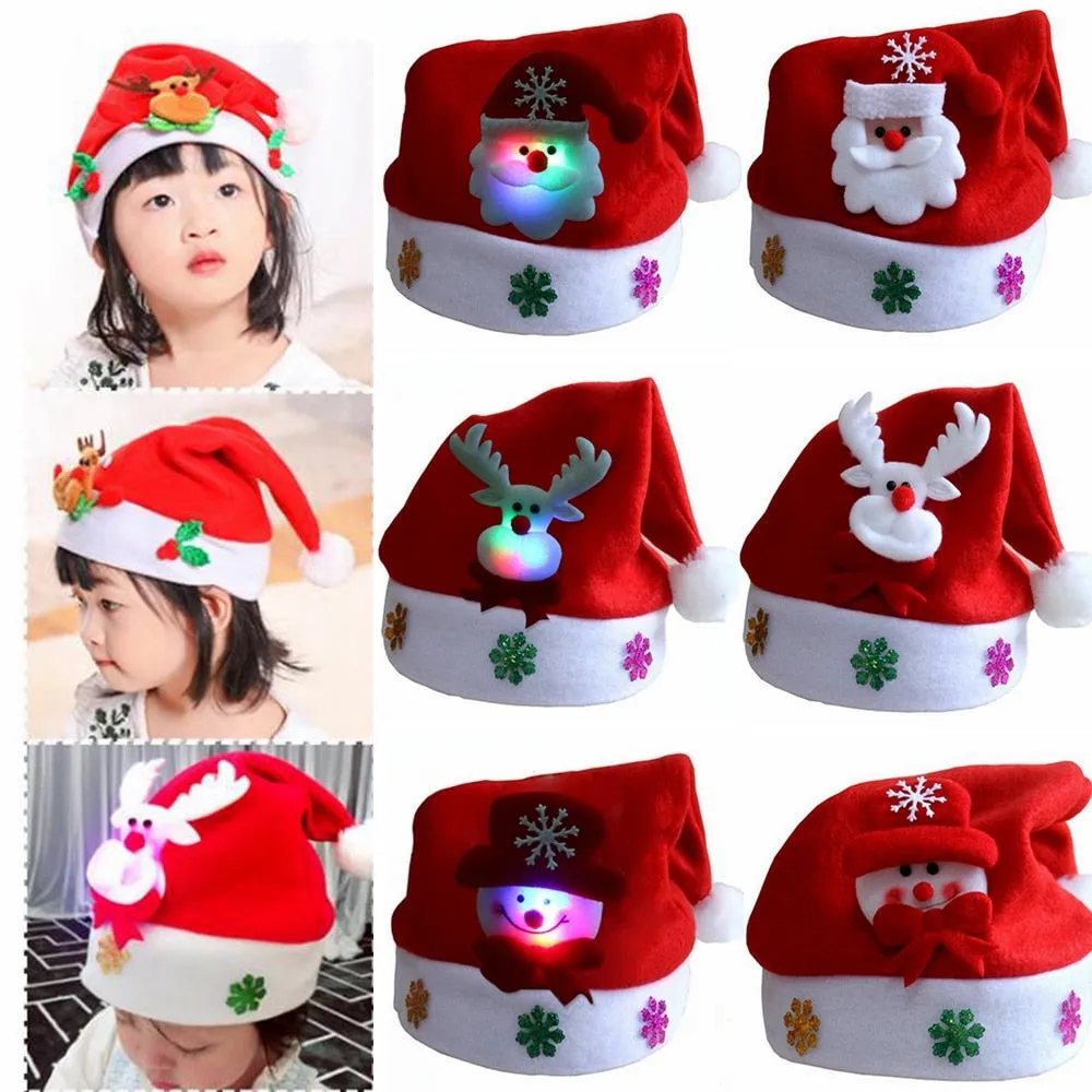 LED Christmas Hats Light Up Cap Snowman Elk Santa Claus Hats  for Adult Kids New Year  Party Decoration Xmas Gifts