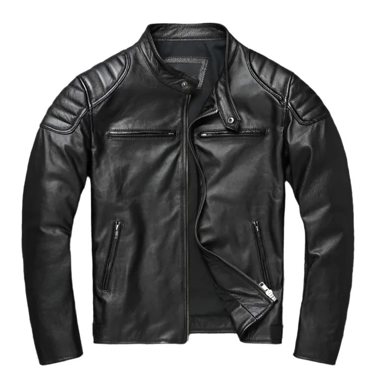 Men's Black Real Leather Racer Neck Jacket