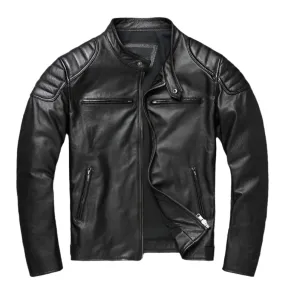 Men's Black Real Leather Racer Neck Jacket