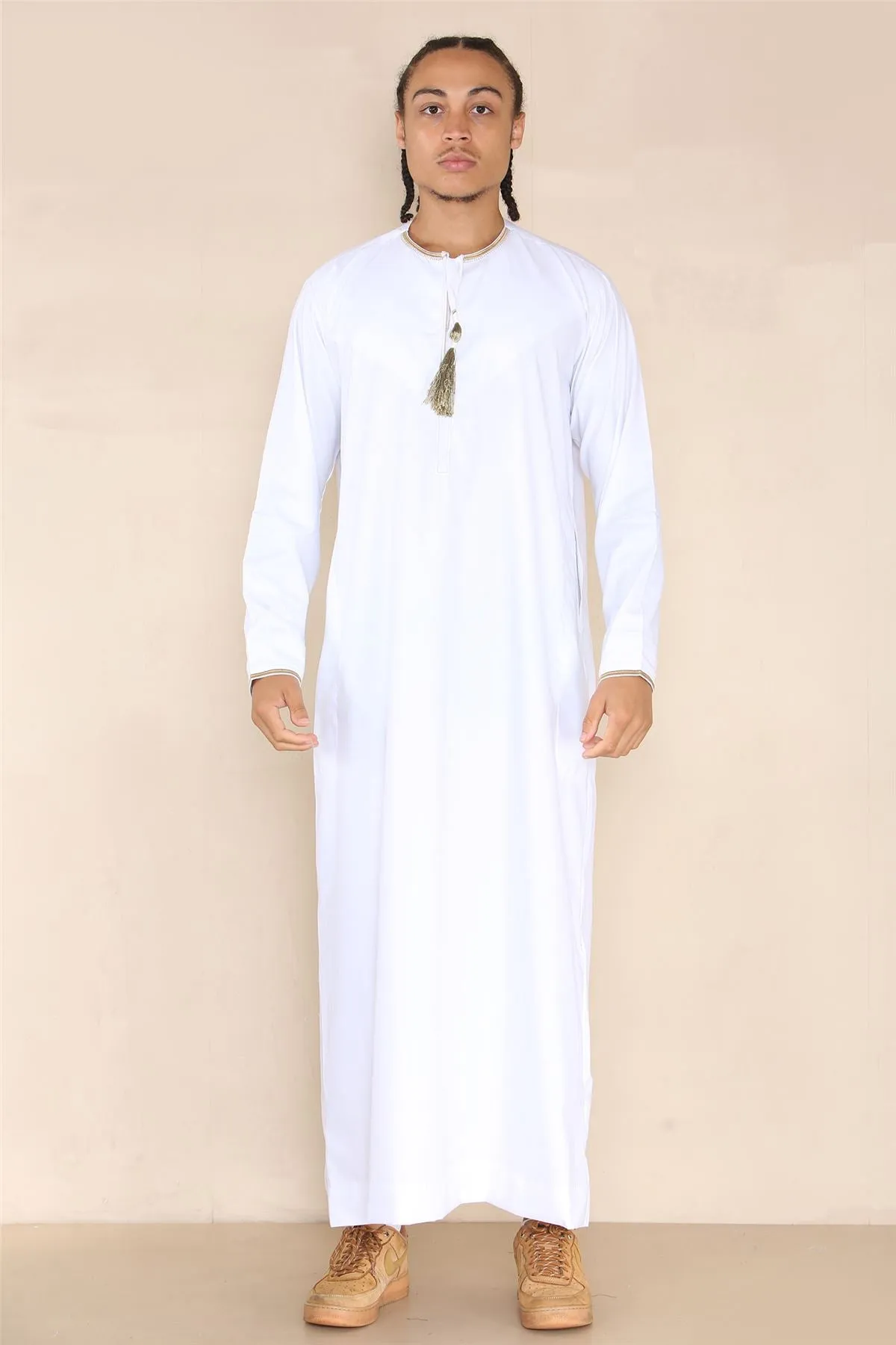Mens Emirati Omani Thobe Jubba Islamic Clothing Muslim Kaftan Eid Robe Arab String Tassel