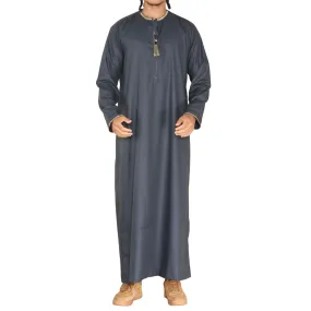 Mens Emirati Omani Thobe Jubba Islamic Clothing Muslim Kaftan Eid Robe Arab String Tassel