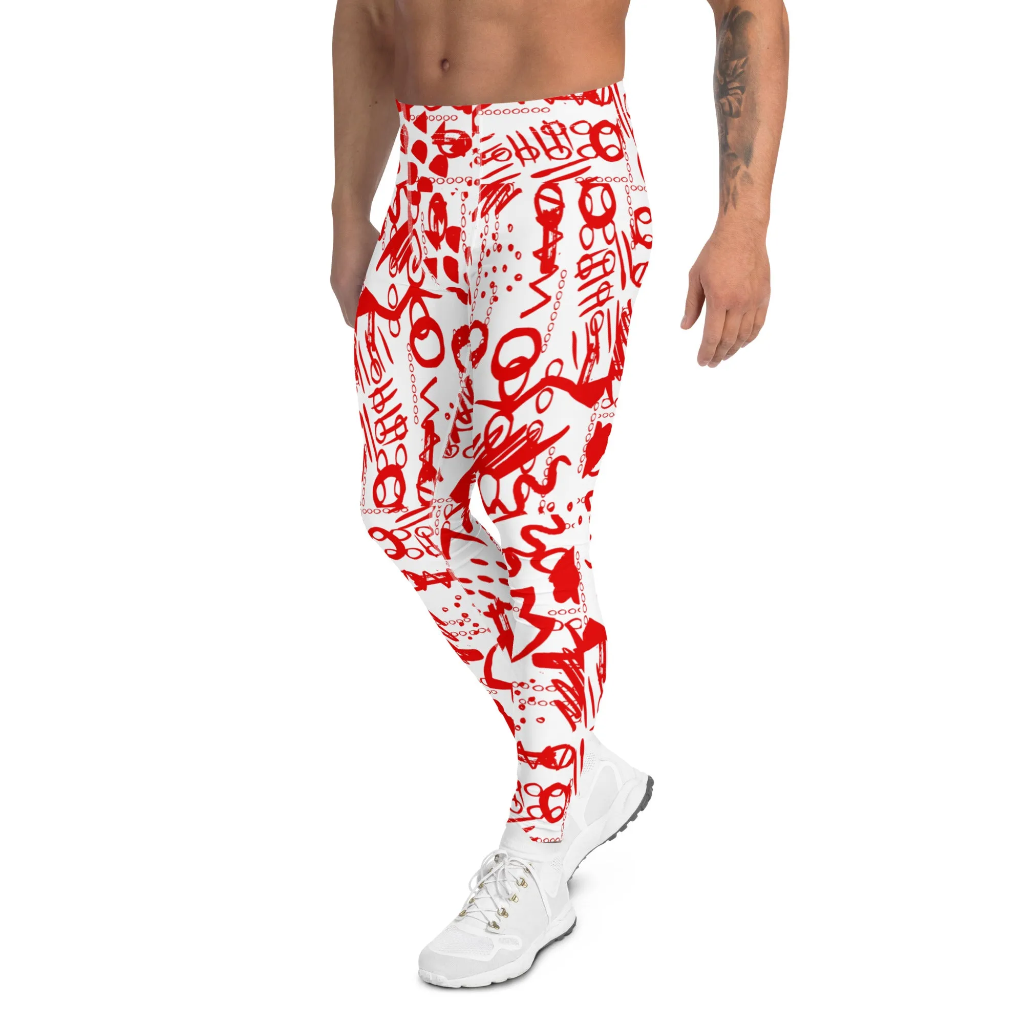 Men's Leggings, Men's Gym Leggings, Wrestling Tights, Printed Leggings, Yoga Leggings, Rave Pants, Festival Tights, Red, White