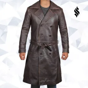 Mens Rorschach Distressed Brown Travelling Winter Long Leather Trench Coat