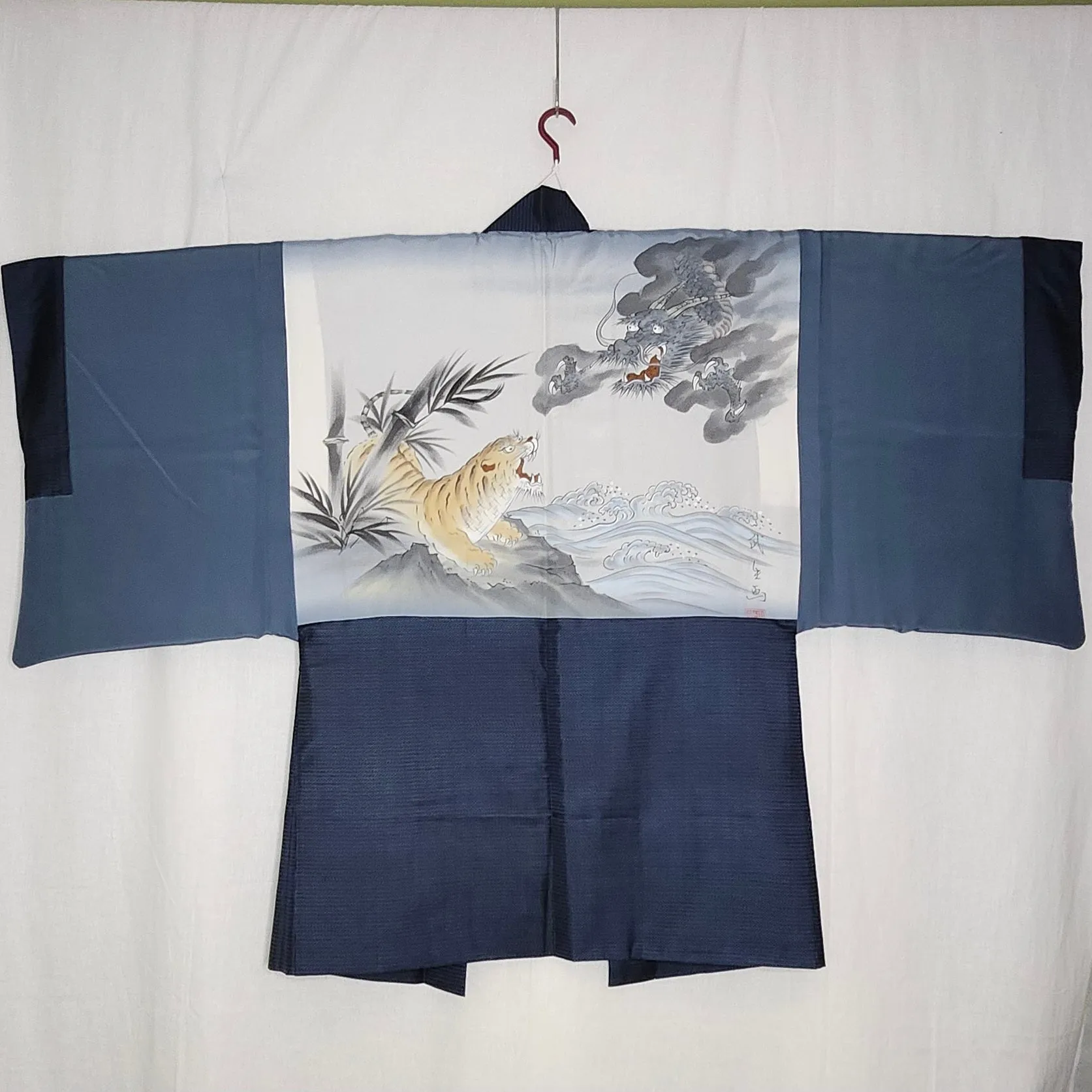 Mens Vintage Haori Coat - Navy Tiger & Dragon