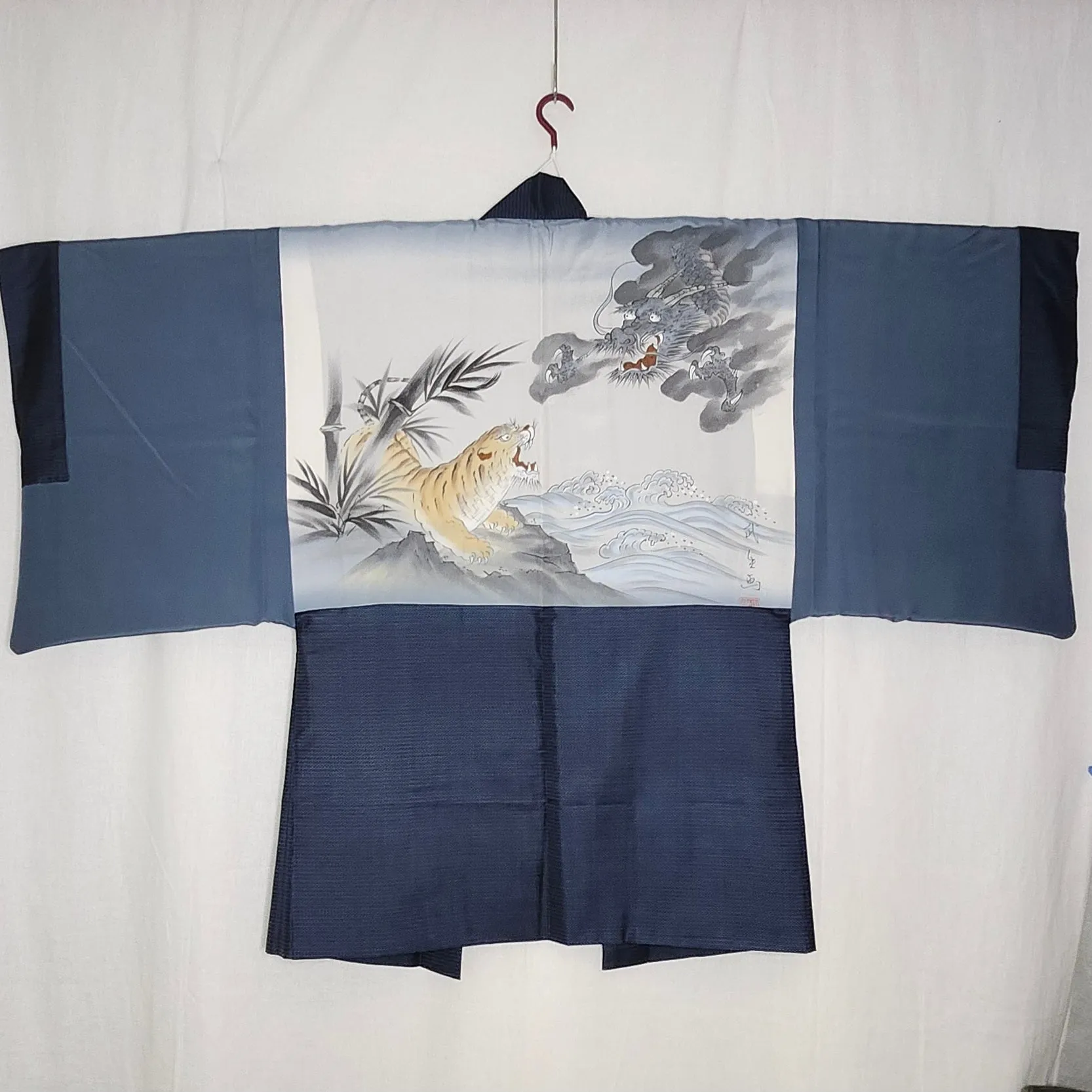 Mens Vintage Haori Coat - Navy Tiger & Dragon