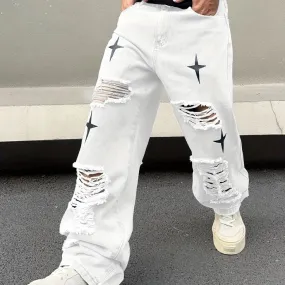 Men's White Ripped Star Baggy Print Y2K Fashion Style Hip Hop Baggy Wide Leg Jeans