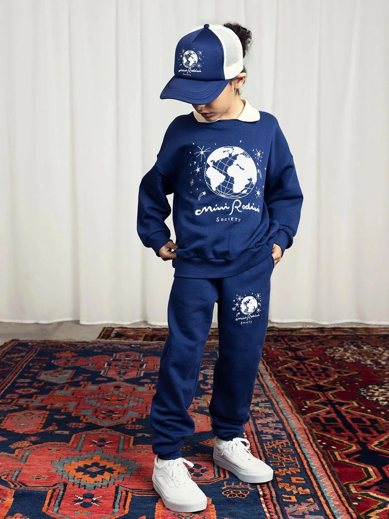Mini Rodini Kids Society Embroidered Joggers in Blue