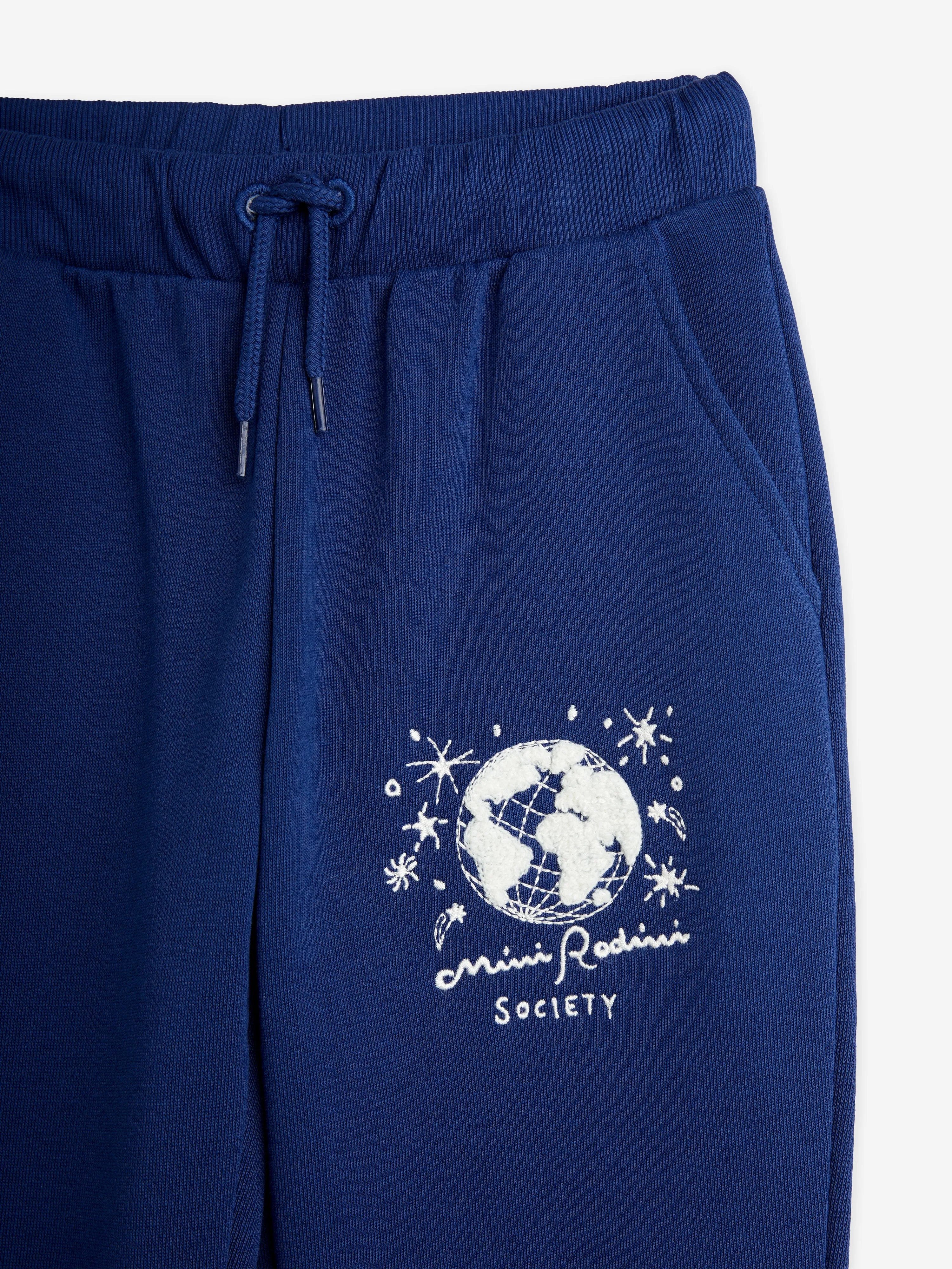 Mini Rodini Kids Society Embroidered Joggers in Blue