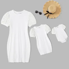 Mommy and Me Textured Puff Sleeve Rib-knit Dresses