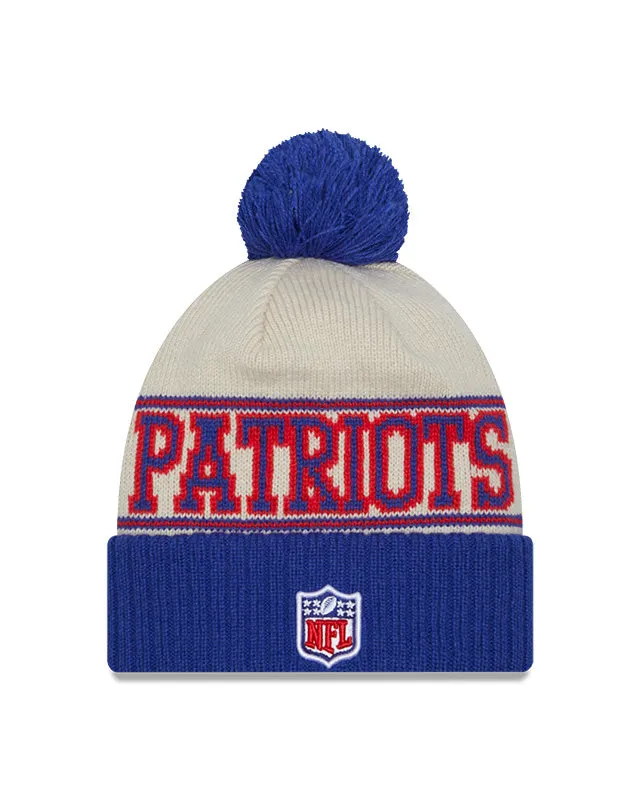 New England Patriots New Era 2023 Sideline Historic Pom Cuffed Knit Hat - Cream/Blue