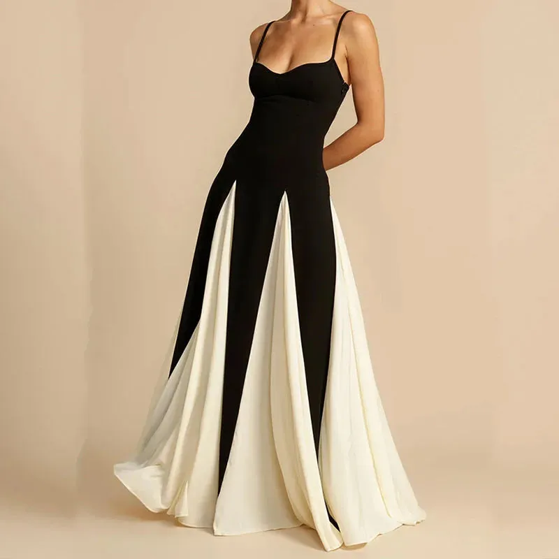 Off Shoulder Pleated Party New Suspender 's Evening Color Blocking High Waist Long Summer Elegant Dress