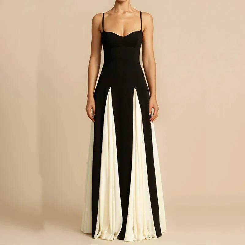 Off Shoulder Pleated Party New Suspender 's Evening Color Blocking High Waist Long Summer Elegant Dress