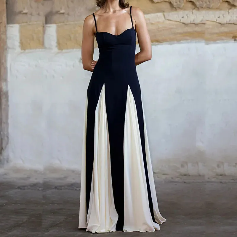 Off Shoulder Pleated Party New Suspender 's Evening Color Blocking High Waist Long Summer Elegant Dress