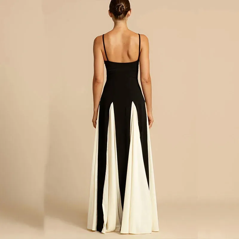 Off Shoulder Pleated Party New Suspender 's Evening Color Blocking High Waist Long Summer Elegant Dress