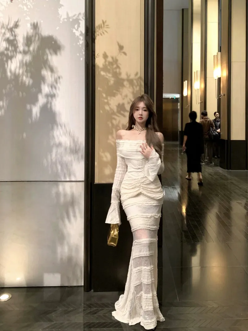 Off-shoulder white mermaid long sleeve dress lace splicing long party dress     S5906