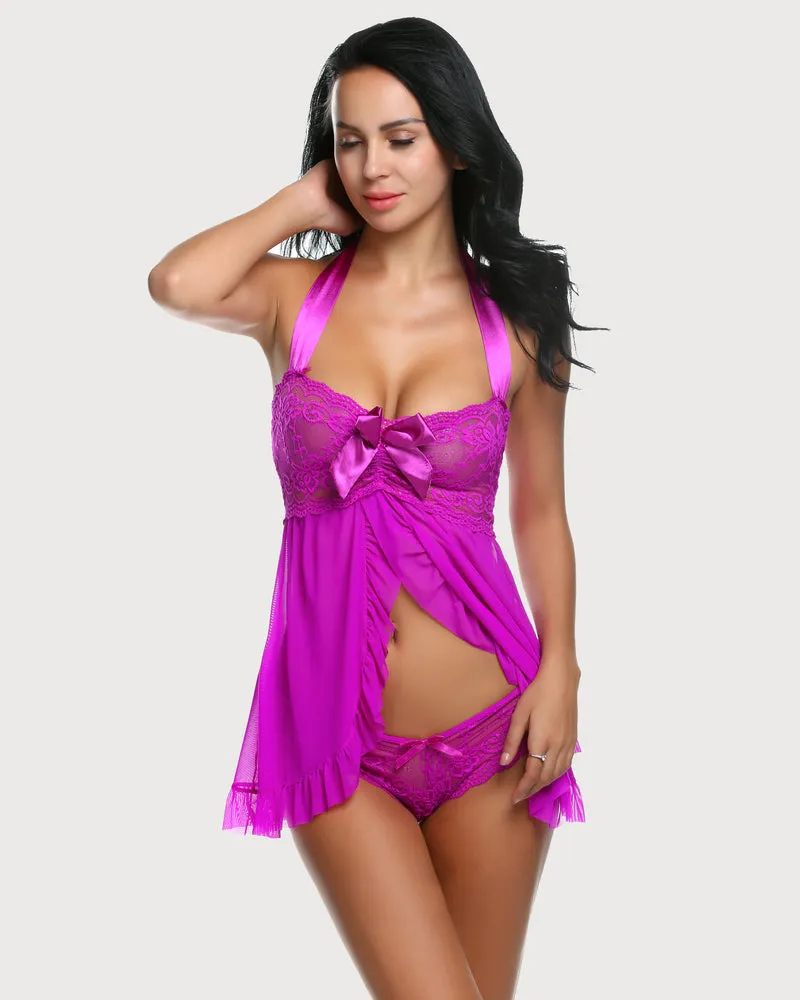 Open Front Halter Lace Babydolls