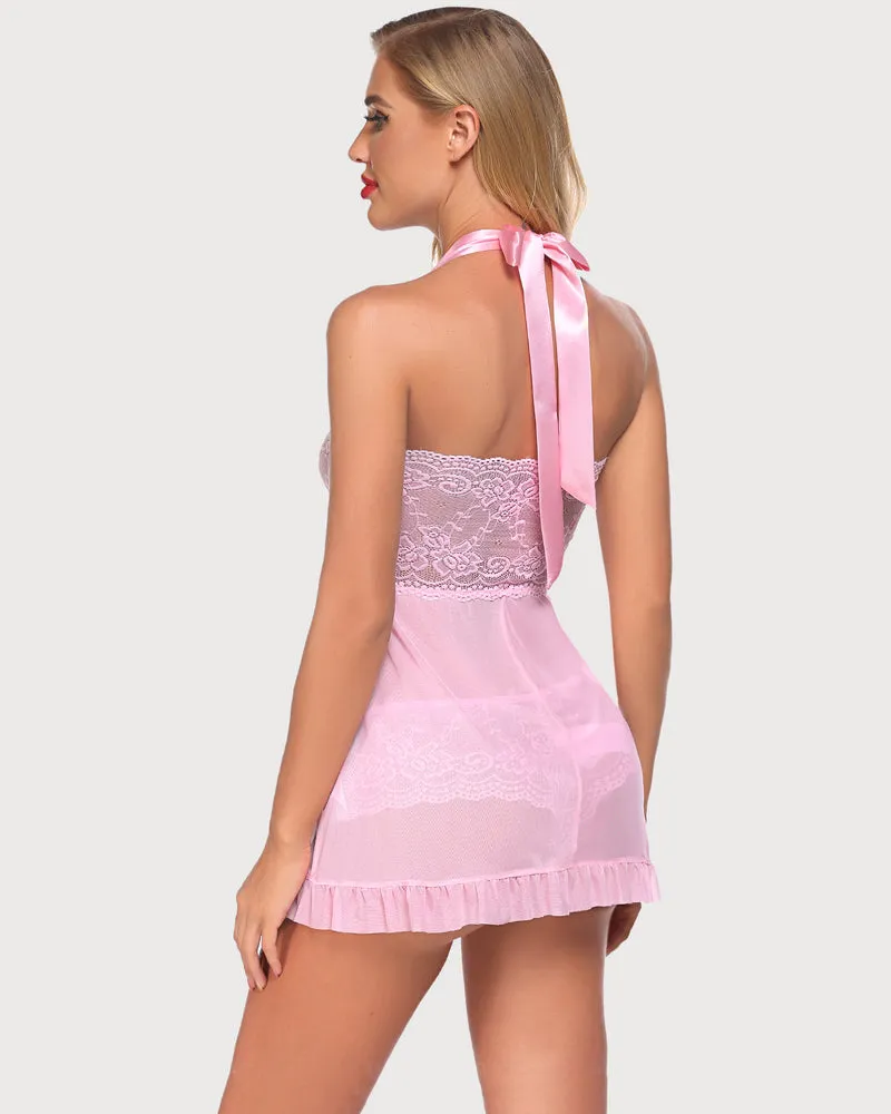 Open Front Halter Lace Babydolls