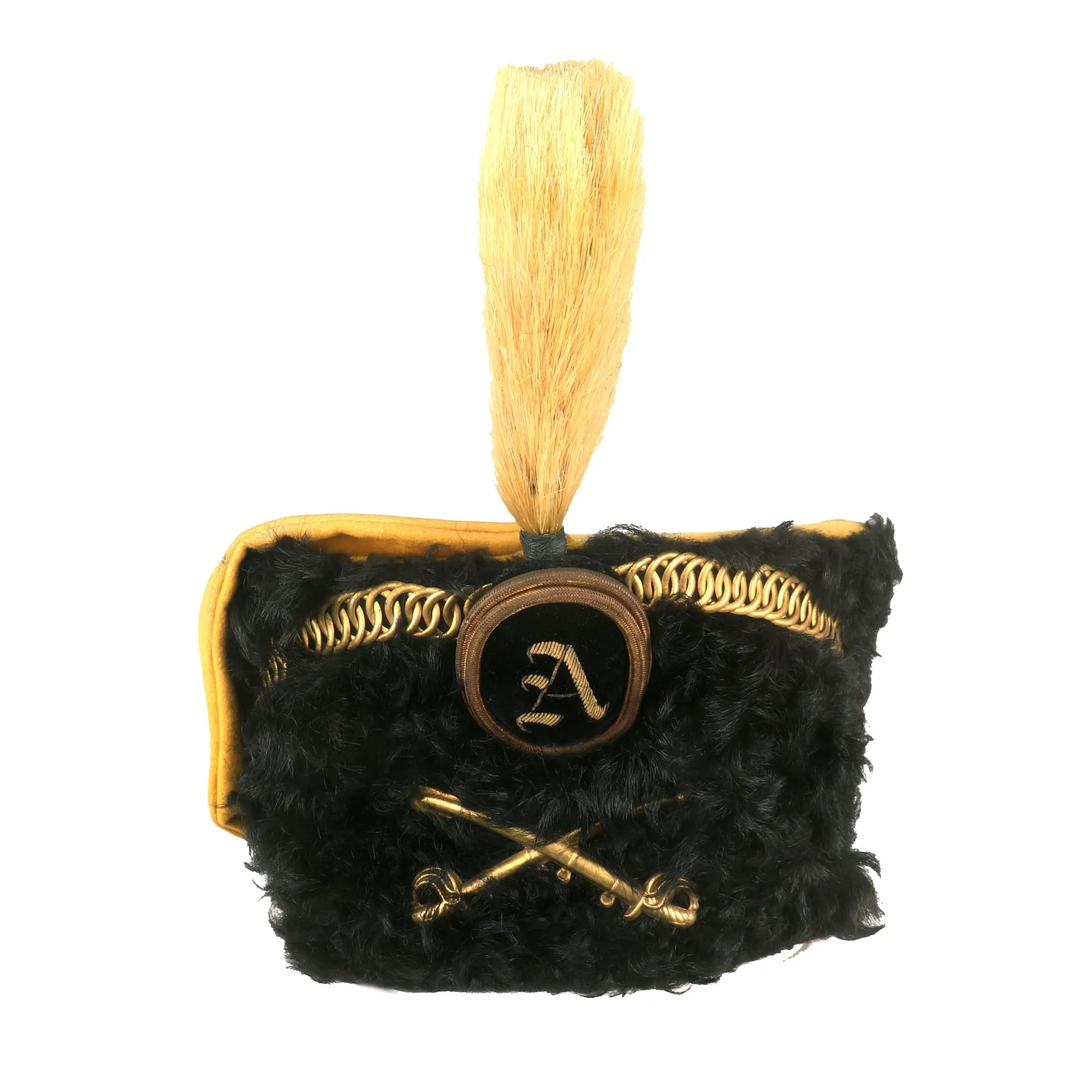 Original U.S. Late 19th Century New York Hussars Squadron A Astrakhan Busby Hat with Plume by Warnock Uniform Co. with Transit Tin