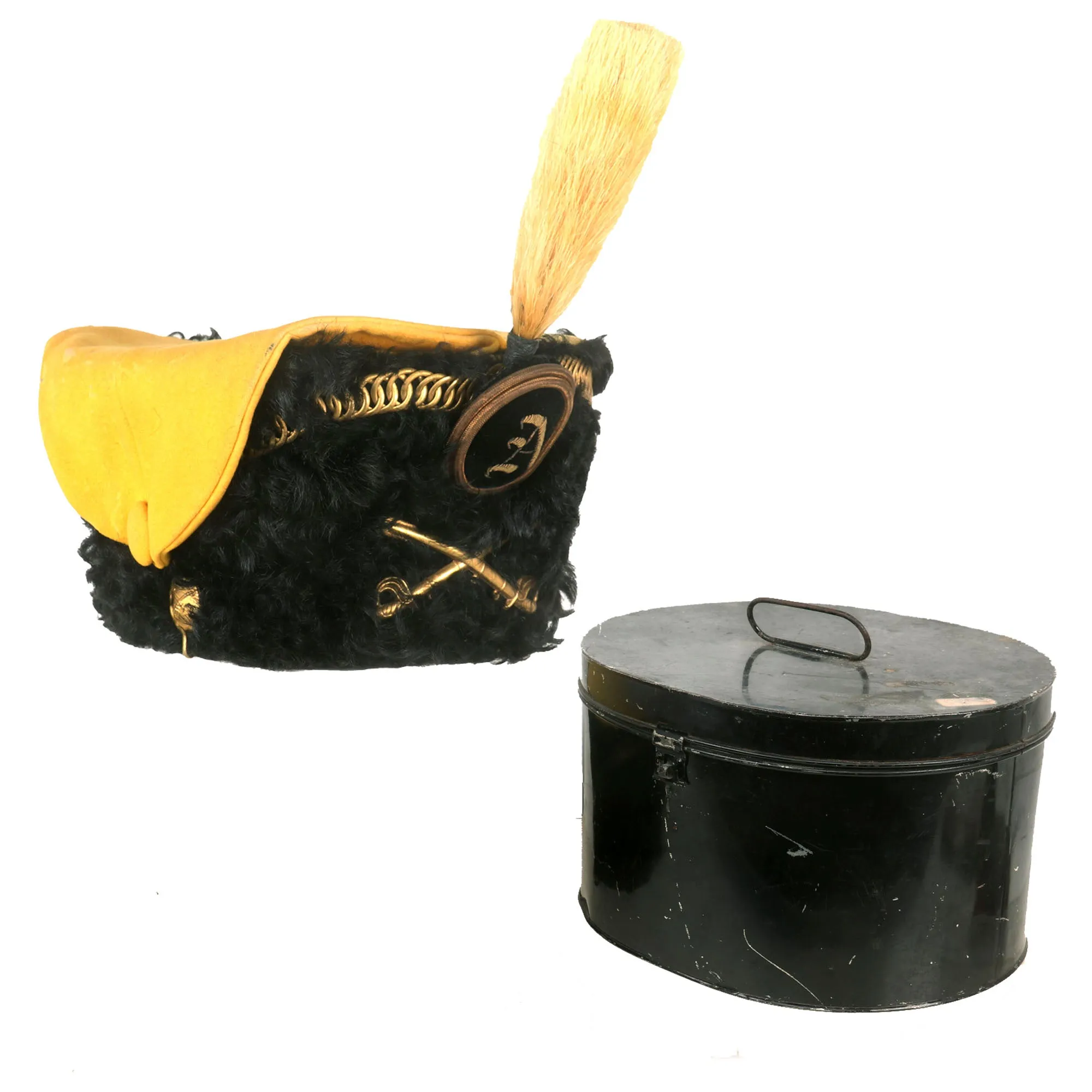 Original U.S. Late 19th Century New York Hussars Squadron A Astrakhan Busby Hat with Plume by Warnock Uniform Co. with Transit Tin