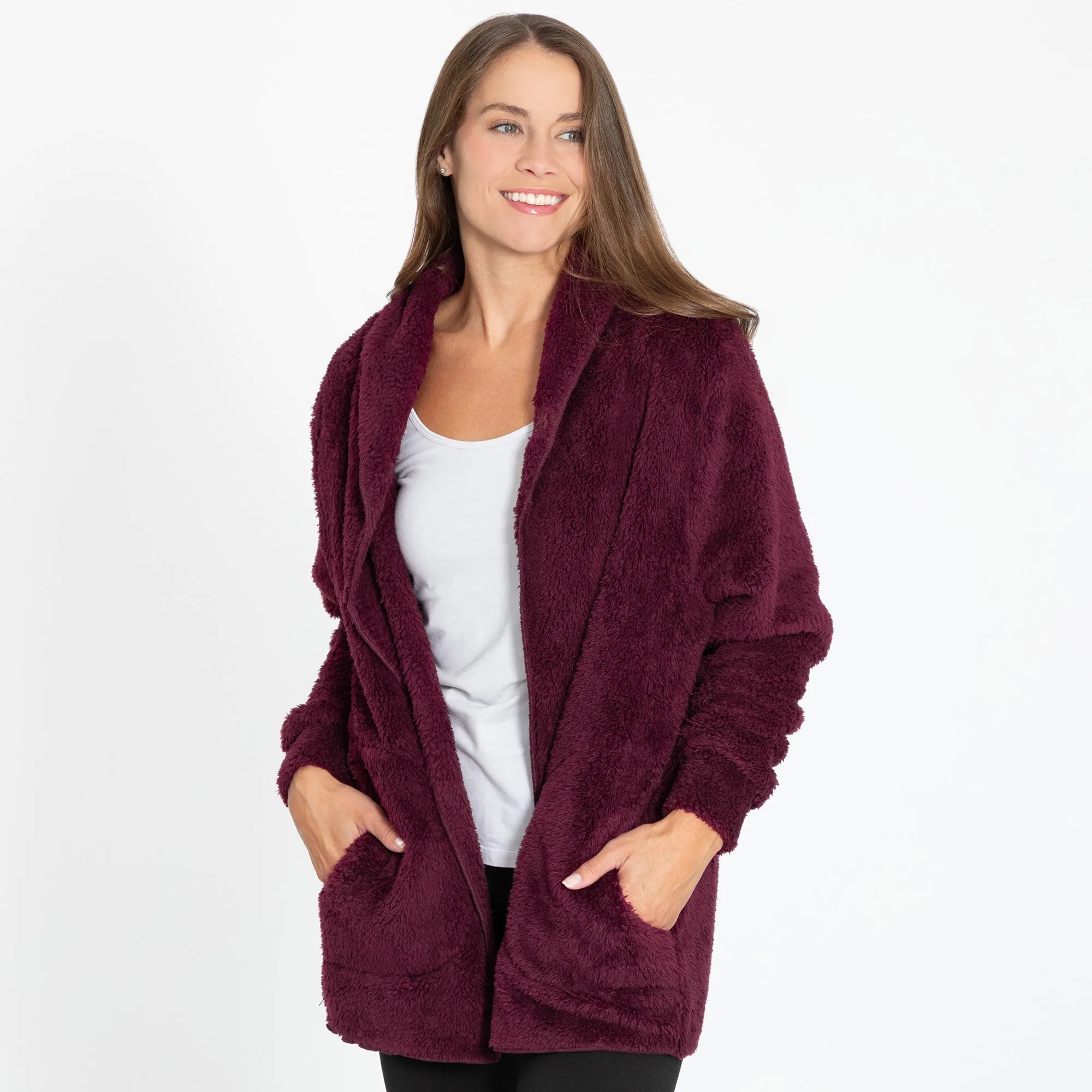 Paw Print Plush Sherpa Fleece Open Jacket with Pockets