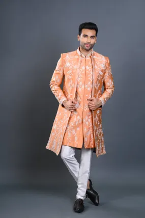 Peach Silk Indowestern Set With Resham Embroidery & Mirror Work