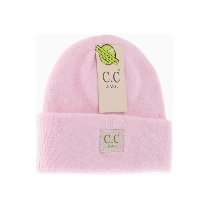 Pink Soft Ribbed Leather Patch C.C. Newborn Knit Hat