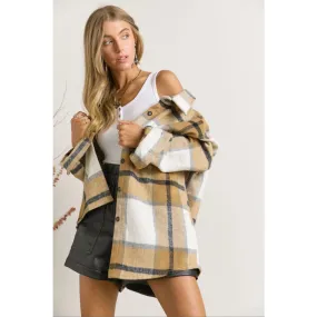Plaid Flannel Shirt Jacket Shirket in Camel Check