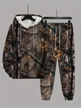 Plus Size Men’s 3D Graphic Print Hooded Sweatshirt & Sweatpants Set – Casual Color Block Design, Non-Stretch Polyester Knit for Spring, Fall, and Winter